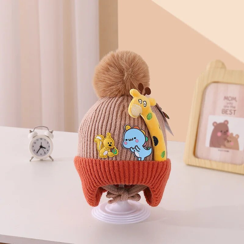 Pompom Winter Baby Hat Cartoon Giraffe Baby Beanie Boys Bonnet Καπέλο για νήπια Κορεάτικα πλεκτά παιδικά καπέλα προστασίας αυτιών 아기모자