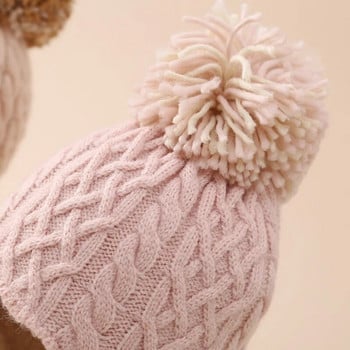 Зимна топла шапка Pom Pom за бебе момиче Защита на ушите Вълнени шапки Детски шапки На открито Детска шапка Шапка с плитка за новородено Бебешки артикули