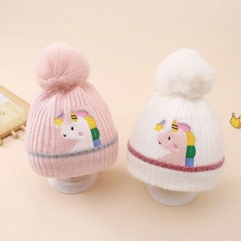 Сладък еднорог Бебешка зимна шапка за деца Шапка Топло плетено Детско боне Анимационни вълнени топки Шапки за малки момичета Шапки Sombrero Bebe