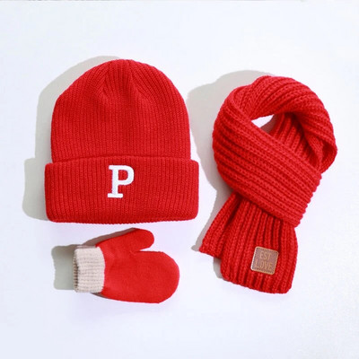 Τριμελές φθινόπωρο και χειμώνα αγόρια και κορίτσια λέξη καπέλο πλεκτό πλεκτό πλεκτό πλεκτό καπέλο γάντια κασκόλ σετ κρύο και ζεστό λαϊκό