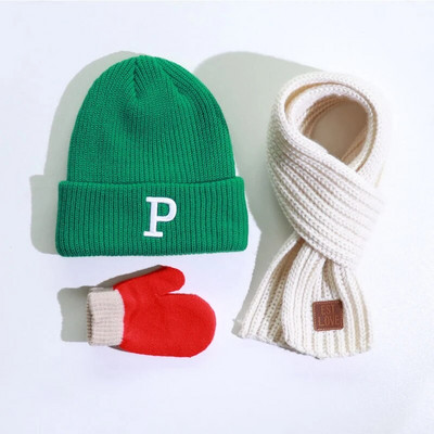 Τριμελές φθινόπωρο και χειμώνα αγόρια και κορίτσια λέξη καπέλο πλεκτό πλεκτό πλεκτό πλεκτό καπέλο γάντια κασκόλ σετ κρύο και ζεστό λαϊκό
