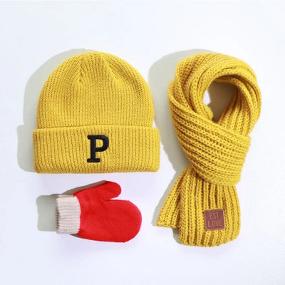 Τριμελές φθινόπωρο και χειμώνα αγόρια και κορίτσια λέξη καπέλο πλεκτό πλεκτό πλεκτό πλεκτό καπέλο γάντια κασκόλ σετ κρύο και ζεστό λαϊκό