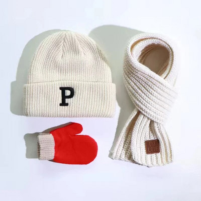 Τριμελές φθινόπωρο και χειμώνα αγόρια και κορίτσια λέξη καπέλο πλεκτό πλεκτό πλεκτό πλεκτό καπέλο γάντια κασκόλ σετ κρύο και ζεστό λαϊκό