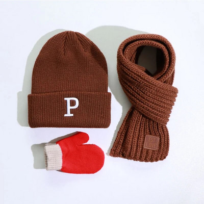 Τριμελές φθινόπωρο και χειμώνα αγόρια και κορίτσια λέξη καπέλο πλεκτό πλεκτό πλεκτό πλεκτό καπέλο γάντια κασκόλ σετ κρύο και ζεστό λαϊκό