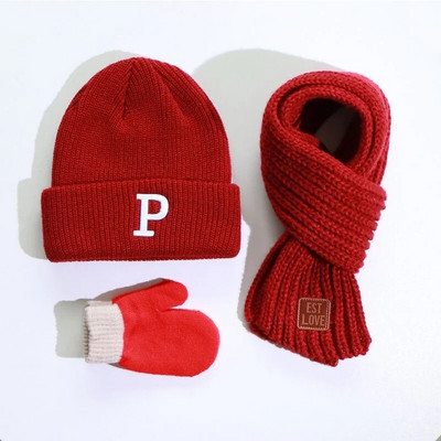 Τριμελές φθινόπωρο και χειμώνα αγόρια και κορίτσια λέξη καπέλο πλεκτό πλεκτό πλεκτό πλεκτό καπέλο γάντια κασκόλ σετ κρύο και ζεστό λαϊκό