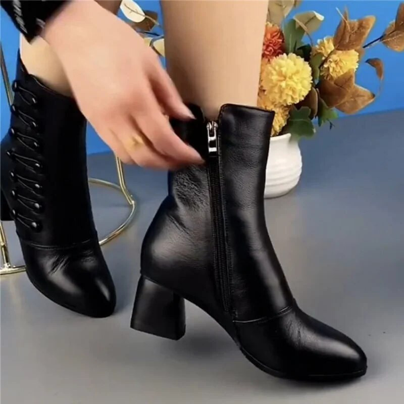 Bota Feminina Γυναικείες μπότες Trend 2023 Χειμερινά ρετρό μποτάκια με μεσαίο μανίκι Βαμβακερό παπούτσι βελούδινο δερμάτινο γυναικείο παπούτσι