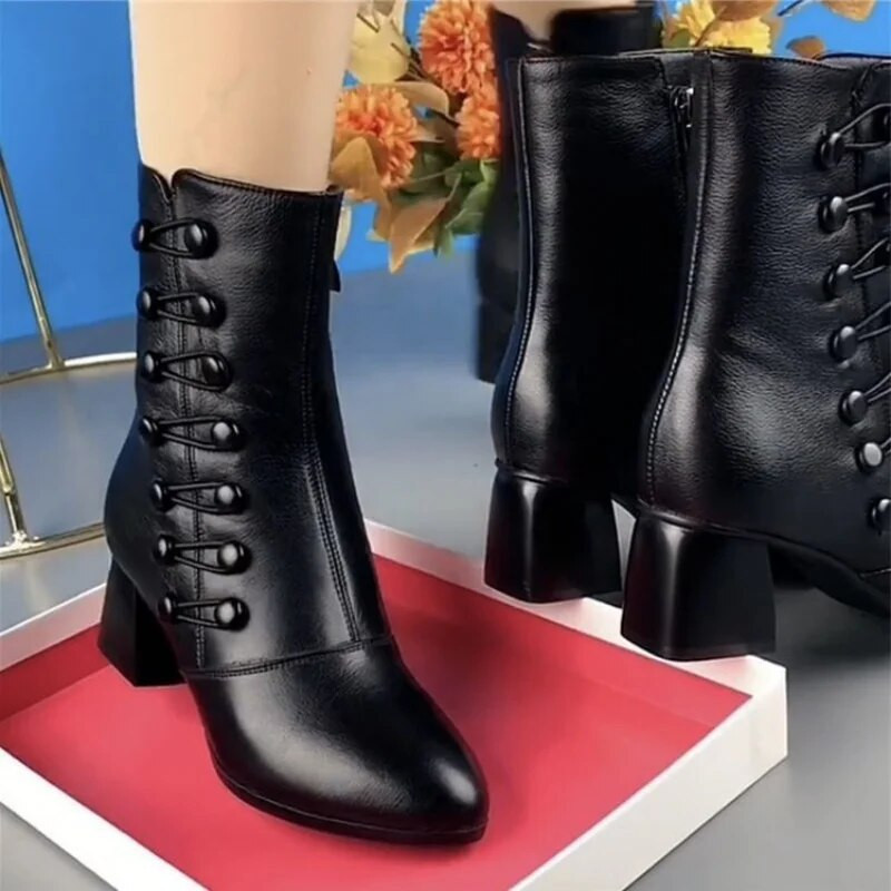Bota Feminina Γυναικείες μπότες Trend 2023 Χειμερινά ρετρό μποτάκια με μεσαίο μανίκι Βαμβακερό παπούτσι βελούδινο δερμάτινο γυναικείο παπούτσι