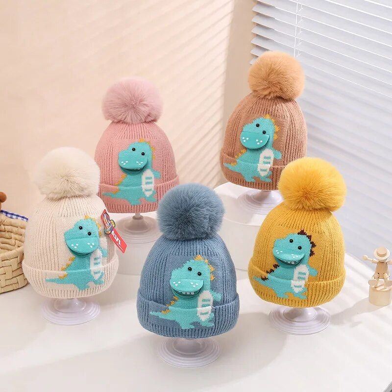 Rajzfilm dinoszaurusz baba gyapjú sapka pompon gyereksapka meleg téli tipegő sapka fiúknak lányoknak kötött motorháztetős gyerekeknek sapka Gorra
