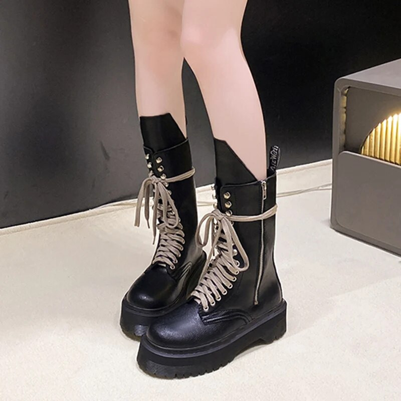 Cizme cu platformă în stil coreean pentru femei, toamnă 2023, cu șireturi, cizme moto cu toc, pantofi de femeie, din piele PU, negru