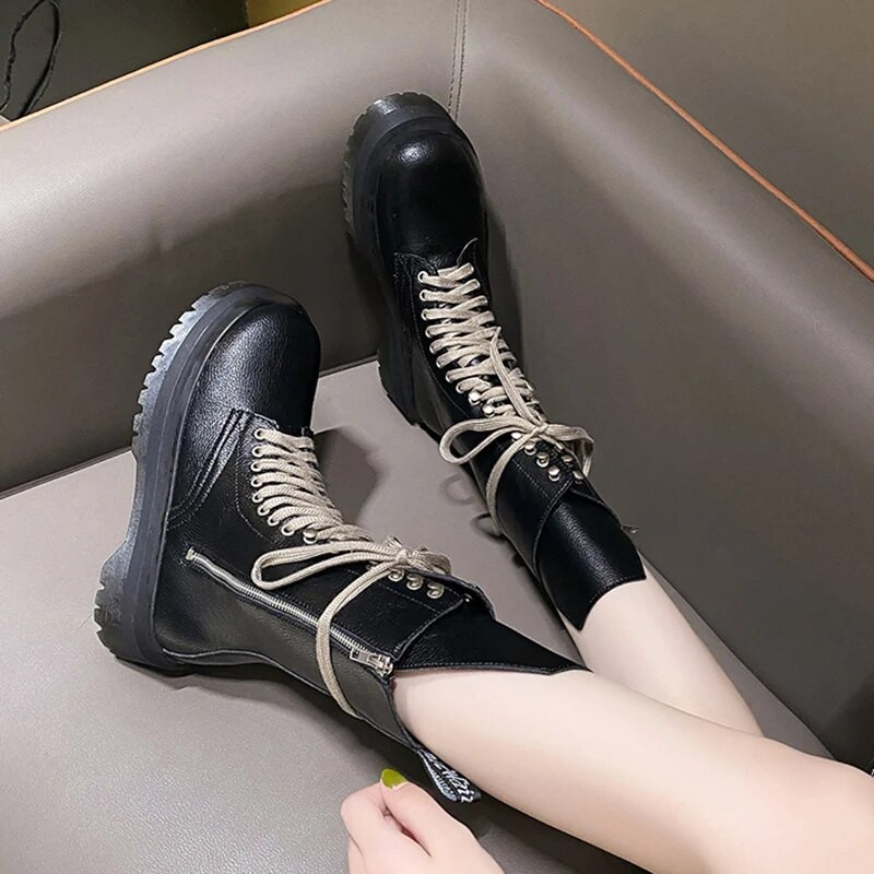 Cizme cu platformă în stil coreean pentru femei, toamnă 2023, cu șireturi, cizme moto cu toc, pantofi de femeie, din piele PU, negru