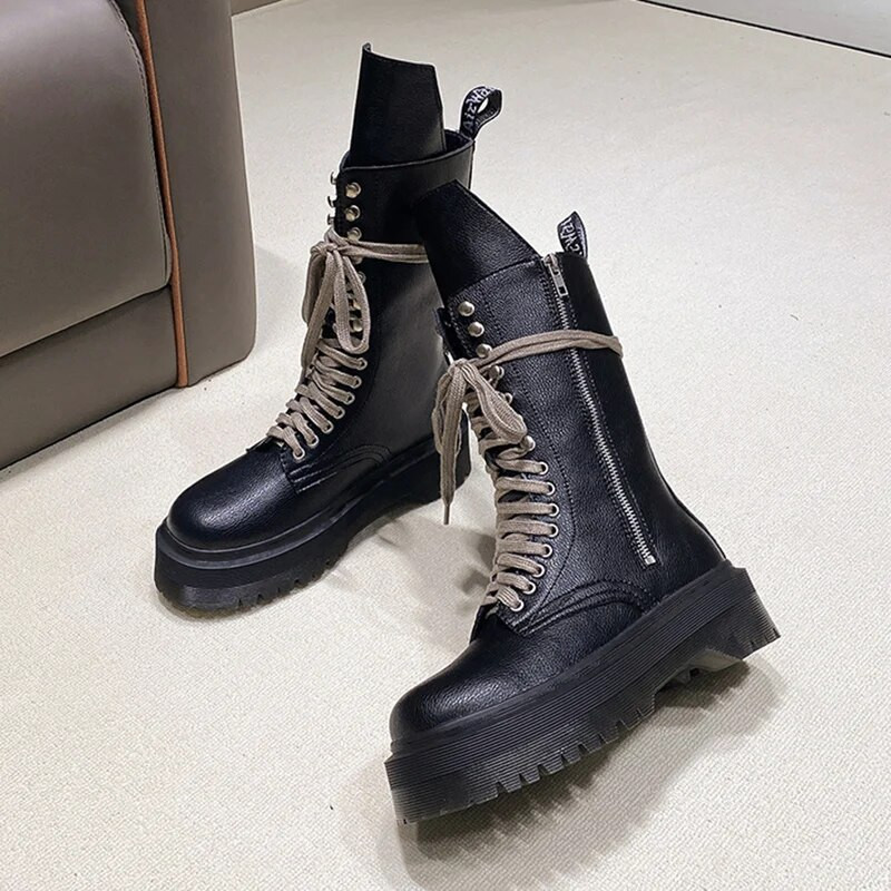 Cizme cu platformă în stil coreean pentru femei, toamnă 2023, cu șireturi, cizme moto cu toc, pantofi de femeie, din piele PU, negru