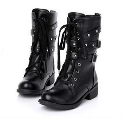 Νέες γυναικείες μαύρες μπότες μεγάλου μεγέθους Ρετρό μόδα άγριο σορτς ζώνη πόρπη για μοτοσικλέτα Ζευγάρι Στρατιωτικές μπότες γυναίκες