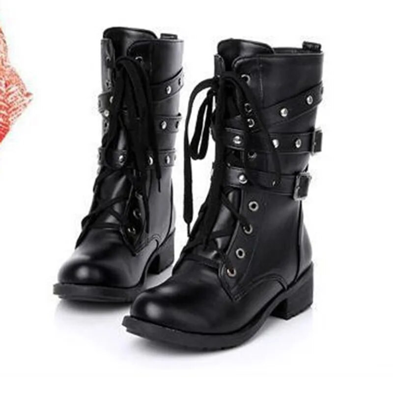 Νέες γυναικείες μαύρες μπότες μεγάλου μεγέθους Ρετρό μόδα άγριο σορτς ζώνη πόρπη για μοτοσικλέτα Ζευγάρι Στρατιωτικές μπότες γυναίκες