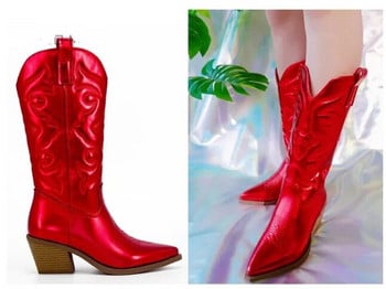 Ροζ Cowboy Cowgirl Western Boots για Γυναικείες 2022 Κεντημένα με φερμουάρ μυτερά δάχτυλα με στοιβαγμένο τακούνι Mid Calf Φθινοπωρινά μοντέρνα παπούτσια