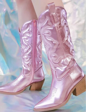 Розови каубойски каубойски западни ботуши за жени 2022 г., бродирани с цип остри пръсти, подредени пети до средата на прасеца, есенни модерни ботуши, обувки
