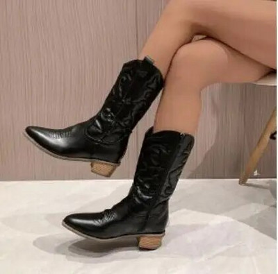 Cizme occidentale cowboy cowgirl roz pentru femei 2022 cu fermoar brodat vârf ascuțit toc stivuit la jumătatea gambei toamnă cizme la modă pantofi