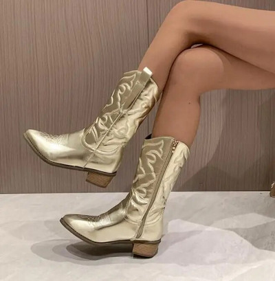 Cizme occidentale cowboy cowgirl roz pentru femei 2022 cu fermoar brodat vârf ascuțit toc stivuit la jumătatea gambei toamnă cizme la modă pantofi