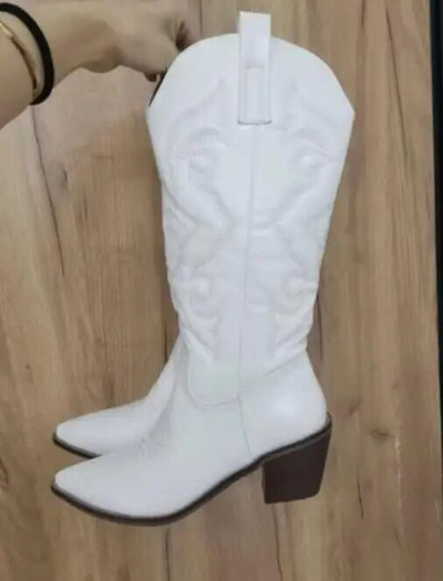 Cizme occidentale cowboy cowgirl roz pentru femei 2022 cu fermoar brodat vârf ascuțit toc stivuit la jumătatea gambei toamnă cizme la modă pantofi