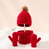 Cadouri de Crăciun 3 buc Mănuși eșarfă pentru bebeluși Set beanie băiat fată pompon pulover gros și cald șapcă de culoare solidă mănuși tricotate eșarfe pălărie