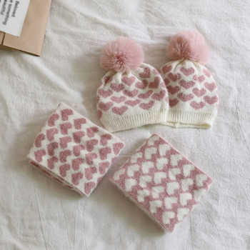2 τμχ Γάντια κασκόλ για μωρά χειμωνιάτικο καπέλο Σετ χαριτωμένη καρδιά με στάμπα για νήπια Καπέλα από φλις κοραλλί για εξωτερικούς χώρους Ζεστά αξεσουάρ για βρέφη