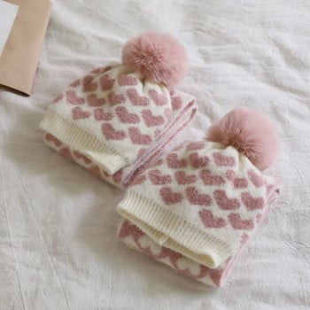 2 τμχ Γάντια κασκόλ για μωρά χειμωνιάτικο καπέλο Σετ χαριτωμένη καρδιά με στάμπα για νήπια Καπέλα από φλις κοραλλί για εξωτερικούς χώρους Ζεστά αξεσουάρ για βρέφη