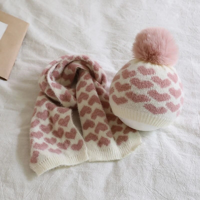 2 τμχ Γάντια κασκόλ για μωρά χειμωνιάτικο καπέλο Σετ χαριτωμένη καρδιά με στάμπα για νήπια Καπέλα από φλις κοραλλί για εξωτερικούς χώρους Ζεστά αξεσουάρ για βρέφη