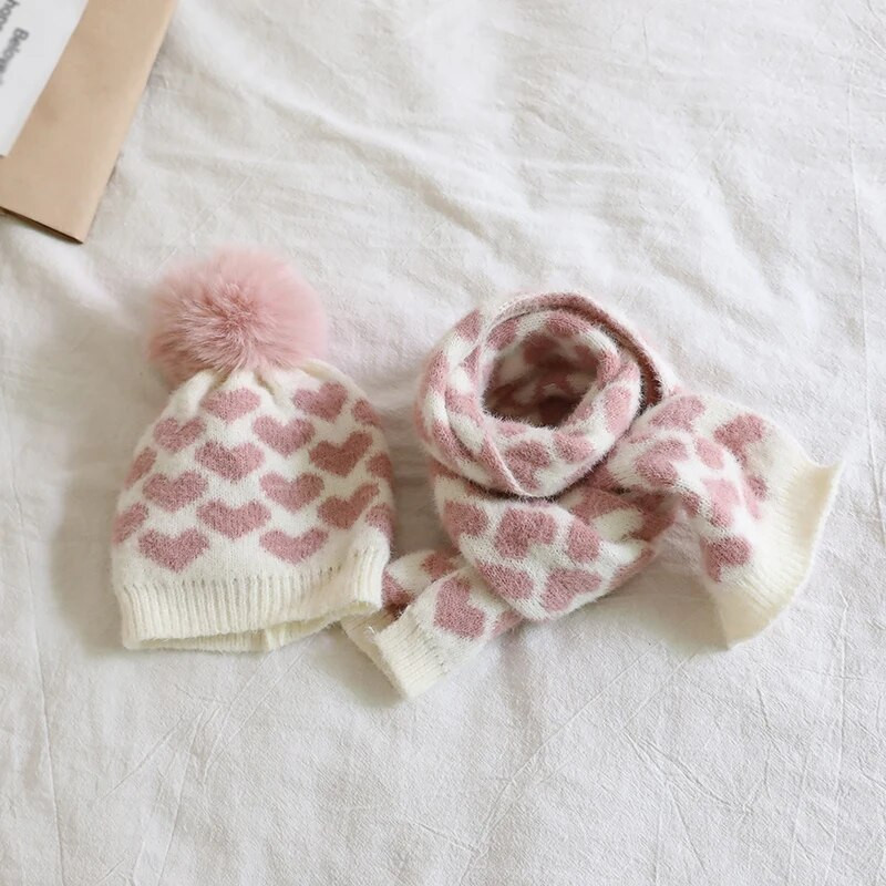 2 τμχ Γάντια κασκόλ για μωρά χειμωνιάτικο καπέλο Σετ χαριτωμένη καρδιά με στάμπα για νήπια Καπέλα από φλις κοραλλί για εξωτερικούς χώρους Ζεστά αξεσουάρ για βρέφη