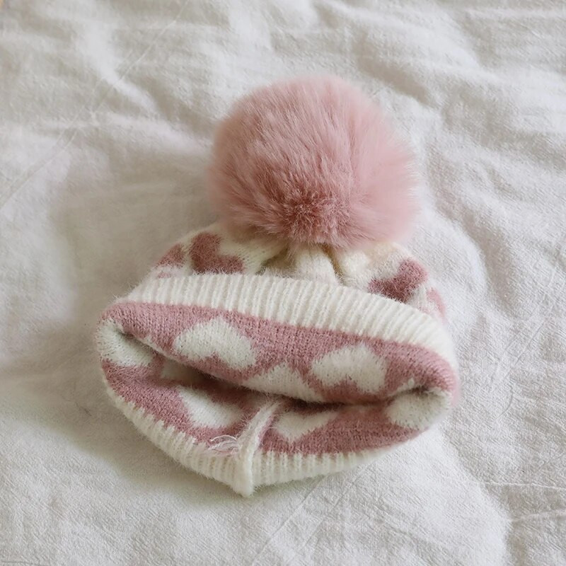 2 τμχ Γάντια κασκόλ για μωρά χειμωνιάτικο καπέλο Σετ χαριτωμένη καρδιά με στάμπα για νήπια Καπέλα από φλις κοραλλί για εξωτερικούς χώρους Ζεστά αξεσουάρ για βρέφη