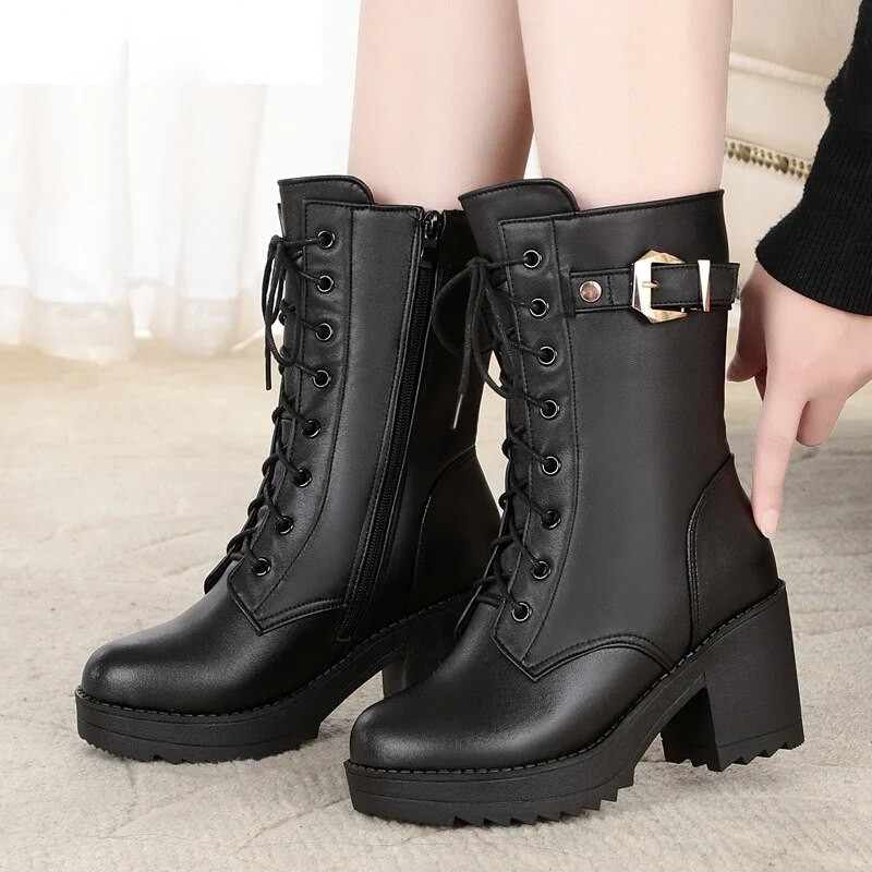 Uued talvised kõrge kontsaga naiste talvesaapad Paks villased soojad naiste sõjaväesaapad Kvaliteetsed naiste lumesaapad