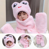 Pălărie de pluș Femeie Toamnă Iarnă Desene Animat Broasca groasă Ochi mari Protecție urechi Pălărie caldă Set eșarfe Mănuși Copii Fete Pălărie minunată