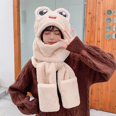 Pălărie de pluș Femeie Toamnă Iarnă Desene Animat Broasca groasă Ochi mari Protecție urechi Pălărie caldă Set eșarfe Mănuși Copii Fete Pălărie minunată