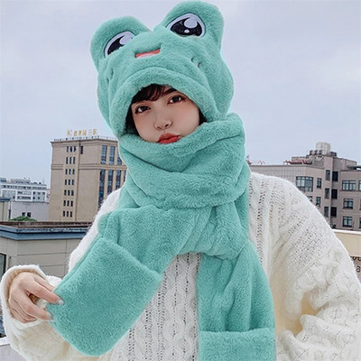 Pălărie de pluș Femeie Toamnă Iarnă Desene Animat Broasca groasă Ochi mari Protecție urechi Pălărie caldă Set eșarfe Mănuși Copii Fete Pălărie minunată