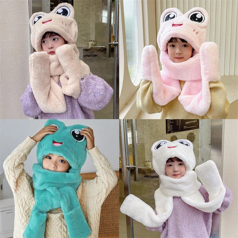 Pălărie de pluș Femeie Toamnă Iarnă Desene Animat Broasca groasă Ochi mari Protecție urechi Pălărie caldă Set eșarfe Mănuși Copii Fete Pălărie minunată