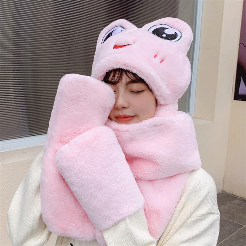 Pălărie de pluș Femeie Toamnă Iarnă Desene Animat Broasca groasă Ochi mari Protecție urechi Pălărie caldă Set eșarfe Mănuși Copii Fete Pălărie minunată