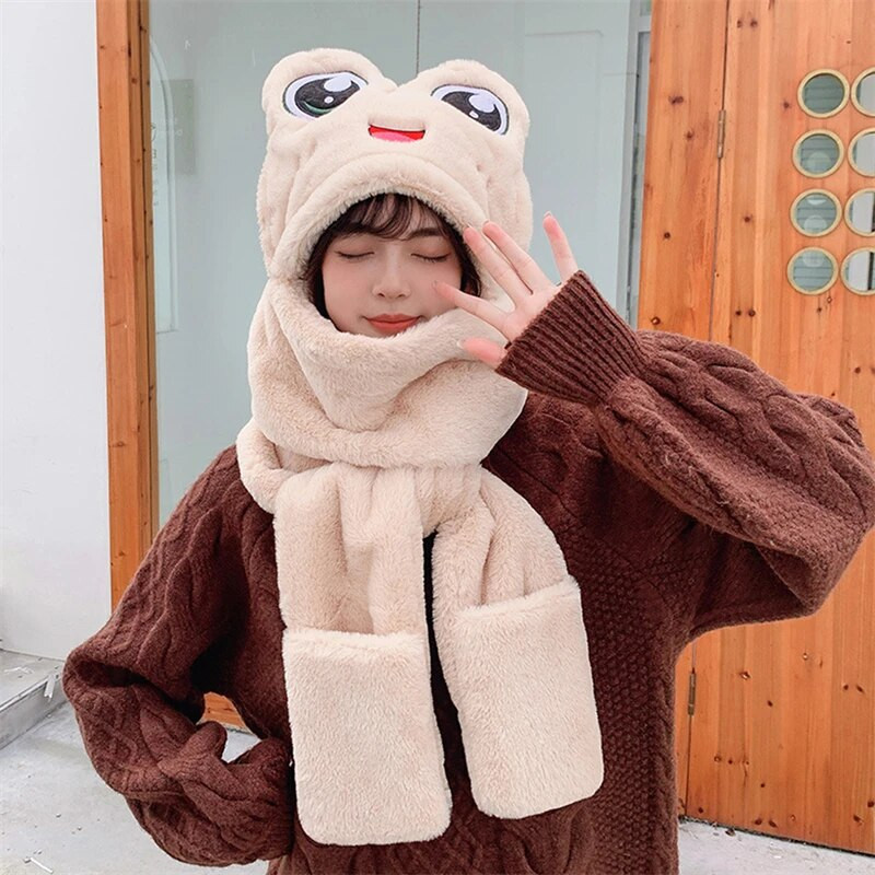 Pălărie de pluș Femeie Toamnă Iarnă Desene Animat Broasca groasă Ochi mari Protecție urechi Pălărie caldă Set eșarfe Mănuși Copii Fete Pălărie minunată