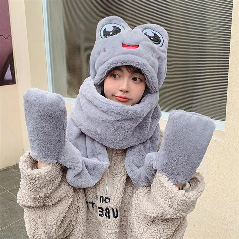 Pălărie de pluș Femeie Toamnă Iarnă Desene Animat Broasca groasă Ochi mari Protecție urechi Pălărie caldă Set eșarfe Mănuși Copii Fete Pălărie minunată