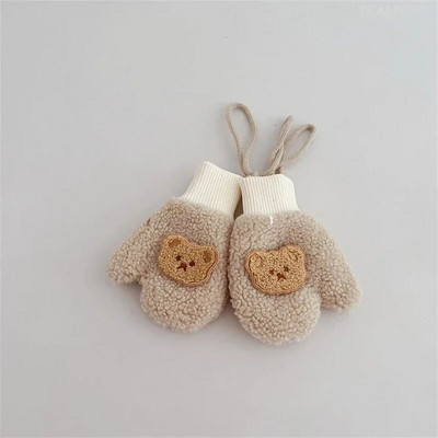 Pakse lambavill soojad poisid Tüdrukud Beebikindad Talvised Lapsed Täissõrmega kindad koos köitega Lapse multifilm karu lumekindad õues