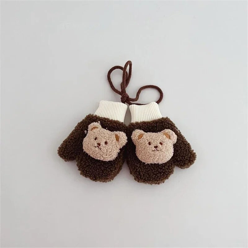 Pakse lambavill soojad poisid Tüdrukud Beebikindad Talvised Lapsed Täissõrmega kindad koos köitega Lapse multifilm karu lumekindad õues