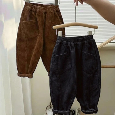 Noi copii de toamnă și iarnă, pantaloni de catifea pentru băieți, pentru fete, groși, moale, de culoare solidă, grosi și subțiri, pantaloni casual cu dungi Bumbac