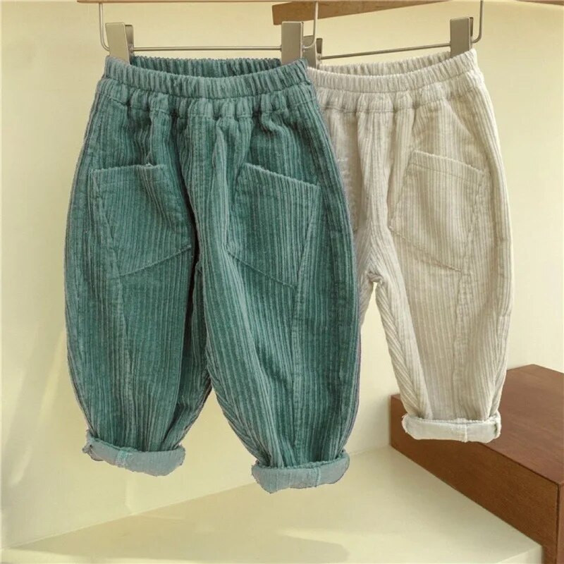 Noi copii de toamnă și iarnă, pantaloni de catifea pentru băieți, pentru fete, groși, moale, de culoare solidă, grosi și subțiri, pantaloni casual cu dungi Bumbac