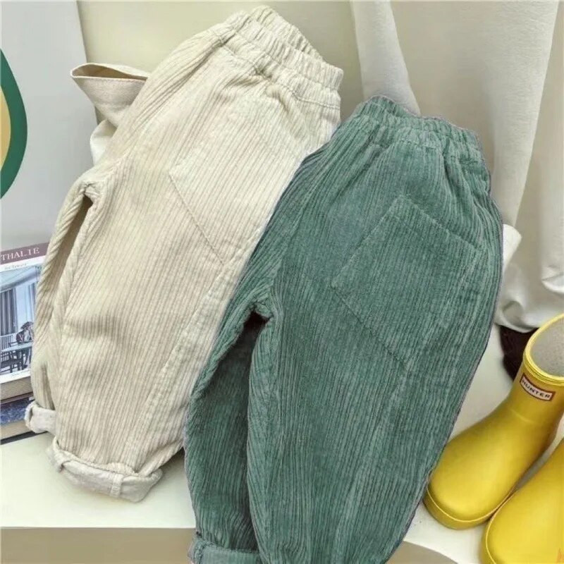 Noi copii de toamnă și iarnă, pantaloni de catifea pentru băieți, pentru fete, groși, moale, de culoare solidă, grosi și subțiri, pantaloni casual cu dungi Bumbac