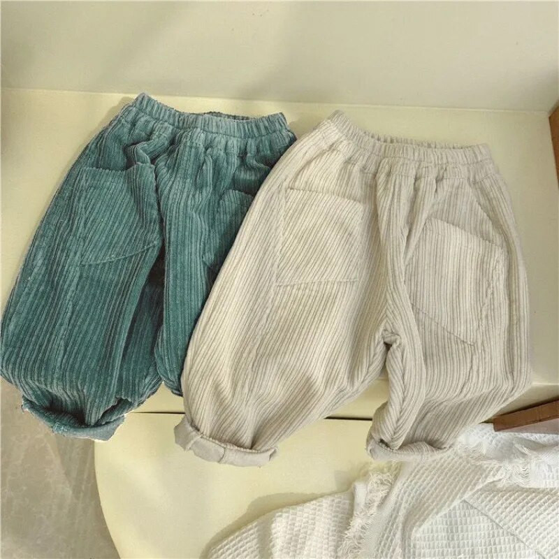 Noi copii de toamnă și iarnă, pantaloni de catifea pentru băieți, pentru fete, groși, moale, de culoare solidă, grosi și subțiri, pantaloni casual cu dungi Bumbac