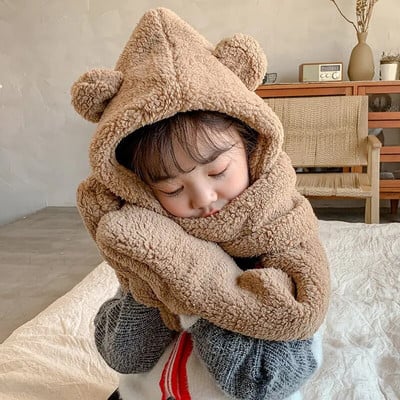 Winter Thicken Warm Παιδικά Καπέλο Κασκόλ γάντια Σετ Cute Bear Soft Coral Fleece Βούτρινο 1-7 ετών για κορίτσια Καπέλα Καπέλο για αγόρι Καπό