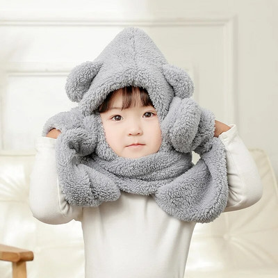 Winter Thicken Warm Παιδικά Καπέλο Κασκόλ γάντια Σετ Cute Bear Soft Coral Fleece Βούτρινο 1-7 ετών για κορίτσια Καπέλα Καπέλο για αγόρι Καπό