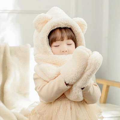 Winter Thicken Warm Παιδικά Καπέλο Κασκόλ γάντια Σετ Cute Bear Soft Coral Fleece Βούτρινο 1-7 ετών για κορίτσια Καπέλα Καπέλο για αγόρι Καπό