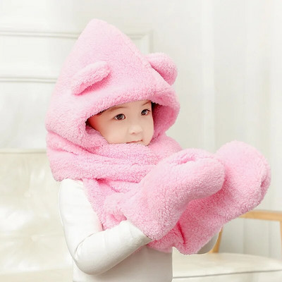 Winter Thicken Warm Παιδικά Καπέλο Κασκόλ γάντια Σετ Cute Bear Soft Coral Fleece Βούτρινο 1-7 ετών για κορίτσια Καπέλα Καπέλο για αγόρι Καπό