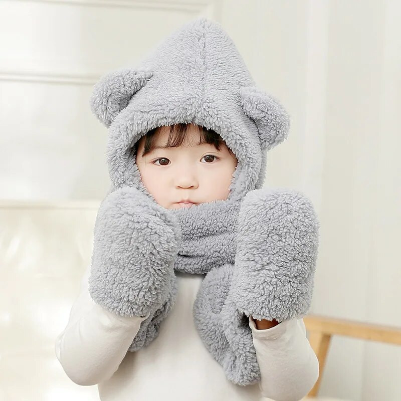 Winter Thicken Warm Παιδικά Καπέλο Κασκόλ γάντια Σετ Cute Bear Soft Coral Fleece Βούτρινο 1-7 ετών για κορίτσια Καπέλα Καπέλο για αγόρι Καπό