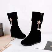 Γυναικείες μπότες Μαύρα Παπούτσια Ημίψηλα Γυναικεία Παπούτσια με σφήνα τακούνι Rhinestone Mid Calf Νέα σε ποιότητα Δωρεάν αποστολή Προσφορά Work Y2k