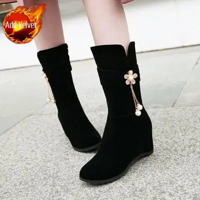 Γυναικείες μπότες Μαύρα Παπούτσια Ημίψηλα Γυναικεία Παπούτσια με σφήνα τακούνι Rhinestone Mid Calf Νέα σε ποιότητα Δωρεάν αποστολή Προσφορά Work Y2k