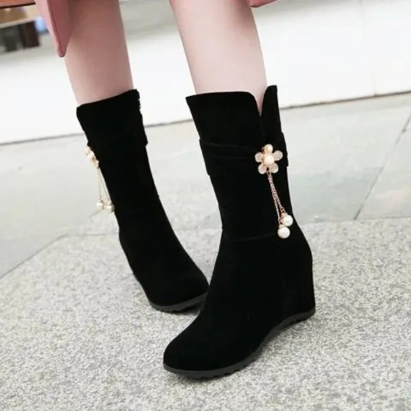 Γυναικείες μπότες Μαύρα Παπούτσια Ημίψηλα Γυναικεία Παπούτσια με σφήνα τακούνι Rhinestone Mid Calf Νέα σε ποιότητα Δωρεάν αποστολή Προσφορά Work Y2k